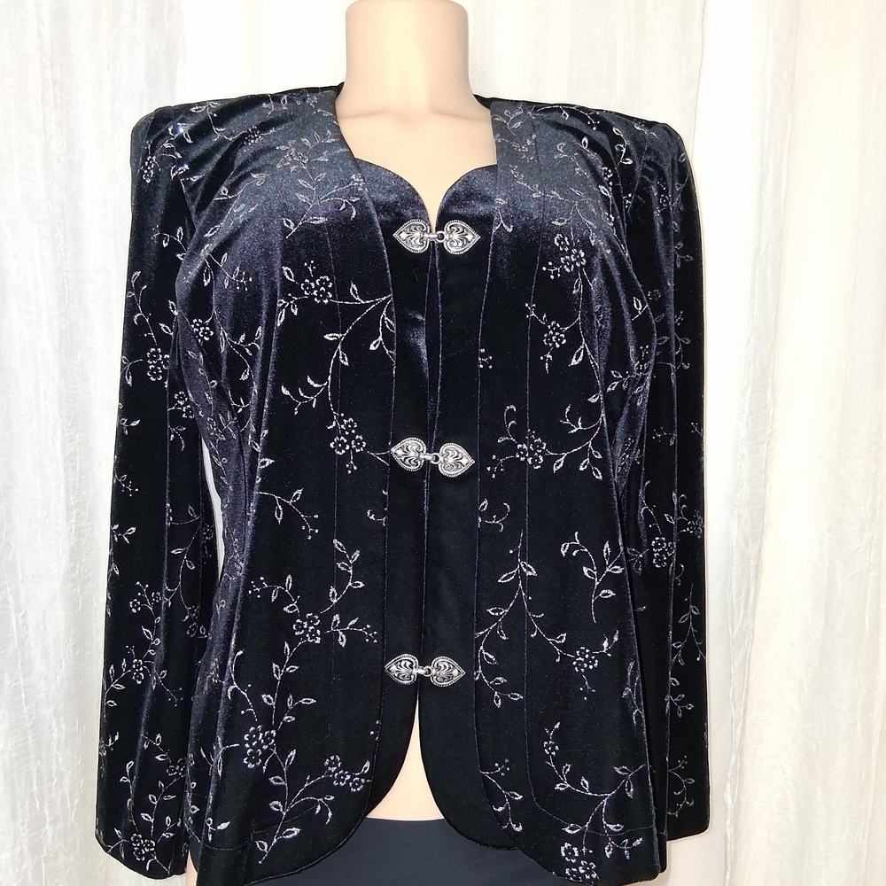 R&M Richards VINTAGE Midnight Velvet Embroidered Jacket 8P With Shoulder Pads